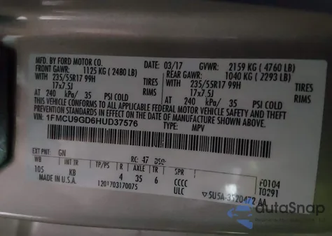 2017 Ford Escape Se from USA, damaged, VIN 1FMCU9GD6HUD37576